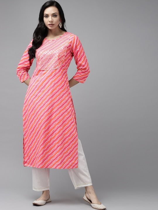 Yufta Women Pink Bandhani Yoke Design Regular Sequinned Pure Cotton Kurta with Palazzos