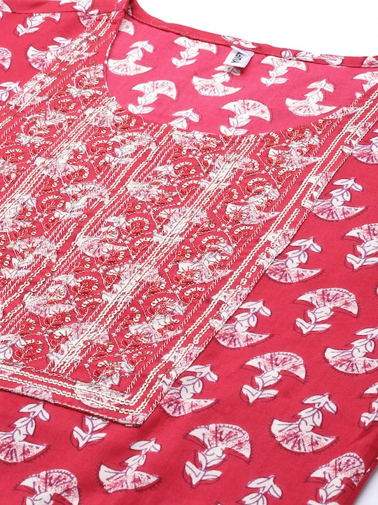 Yufta Women Coral Pink & White Block Print Sequinned Kurta with Trousers & Dupatta