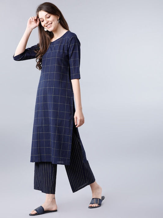 Vishudh Women Navy Blue & Lime Green Printed Kurta with Palazzos
