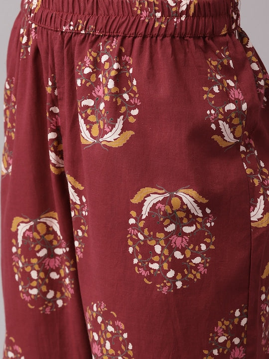 Yufta Women Maroon Ethnic Motifs Printed Pure Cotton Kurta with Trousers