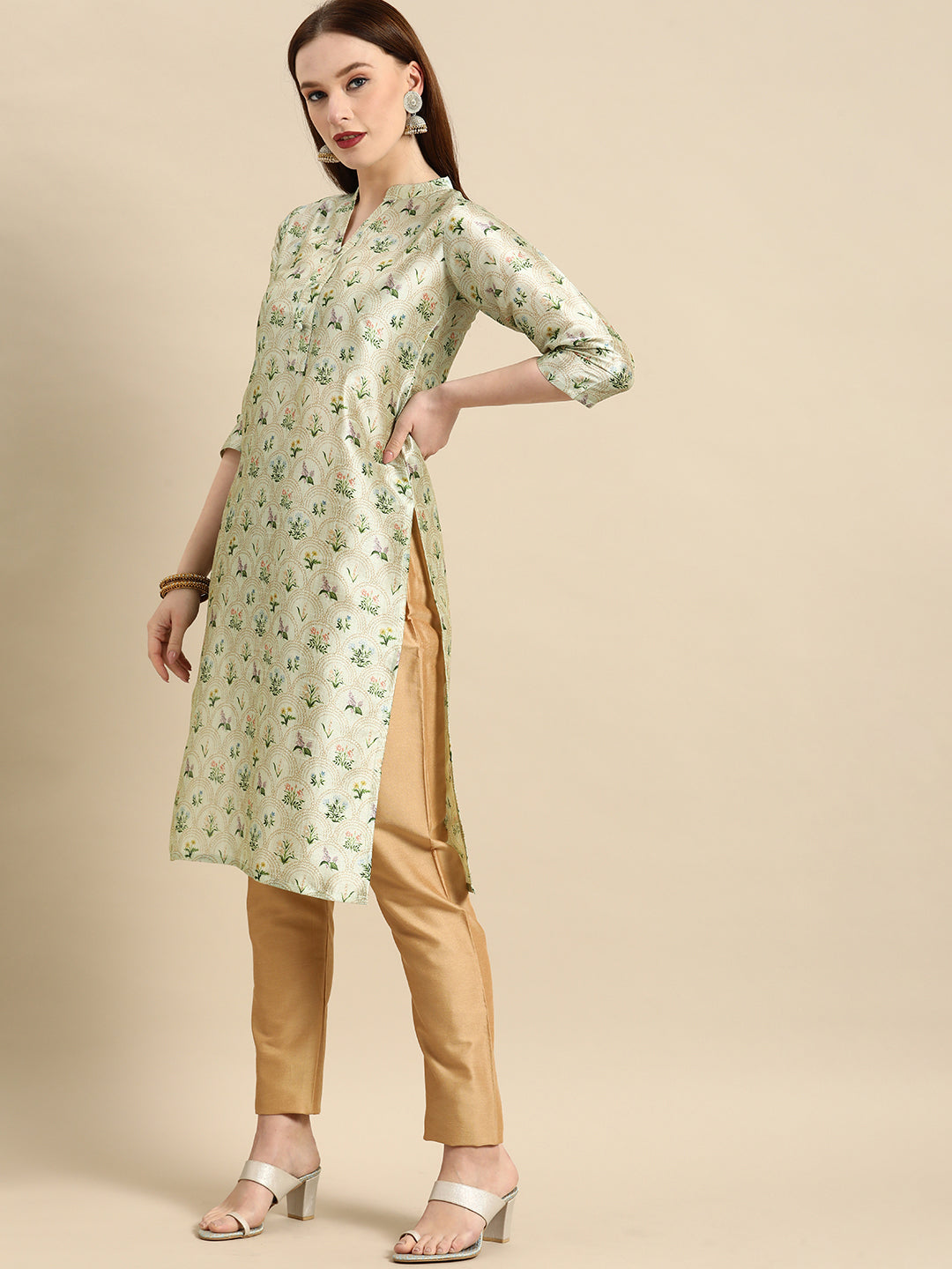 All about you Women Sea Green Floral Block Print Mandarin Collar Chanderi Silk Blend Kurta