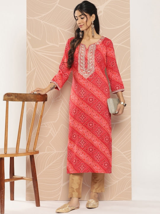 Yufta Bandhani Printed Gotta Patti Kurta Red