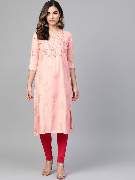 Anubhutee Women Pink & Golden Foil Printed Straight Kurta