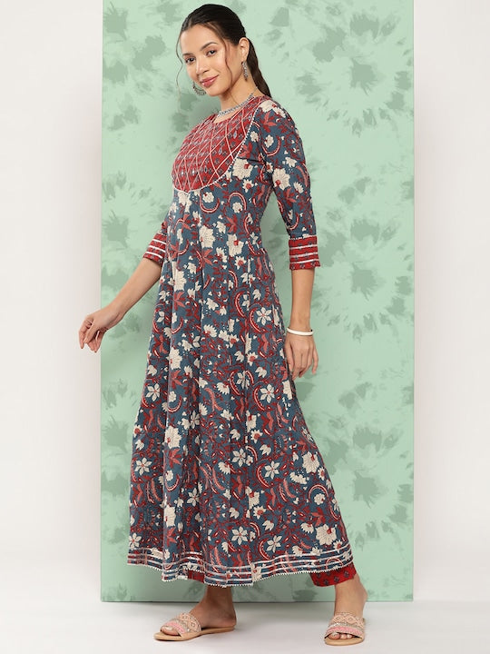 Yufta Floral Printed Gotta Patti Pure Cotton Kurta With Palazzos & With Dupatta