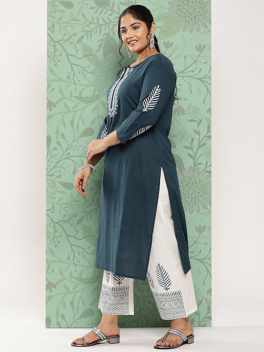 Yufta Plus Size Ethnic Motifs Embroidered Pure Cotton Kurta with Palazzos & With Dupatta