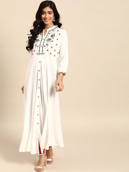All about you White Floral Yoke Designed Mandarin Collar Cotton Anarkali Kurta