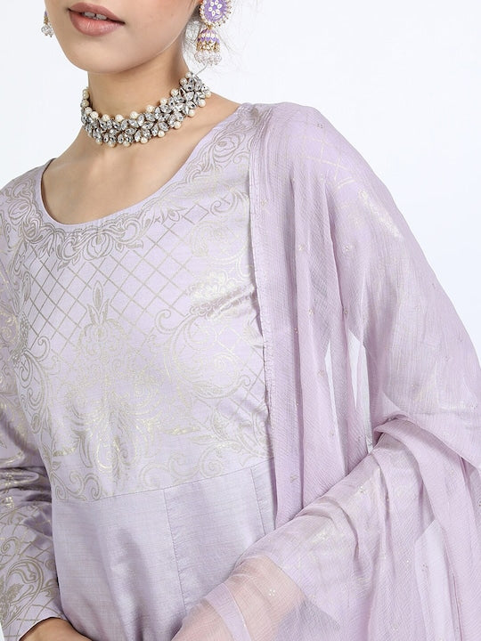 Vishudh Women Mauve Ethnic Motifs Printed A-Line Kurta With Dupatta