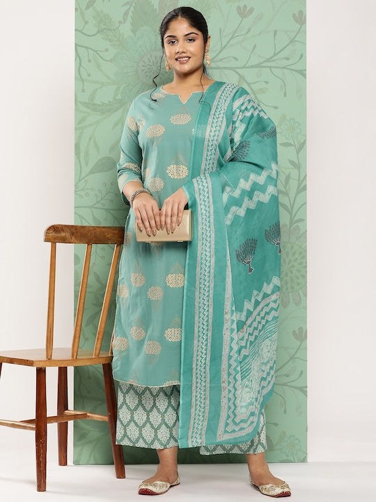Yufta Plus Size Ethnic Motifs Printed Regular Pure Cotton Kurta With Trousers & Dupatta