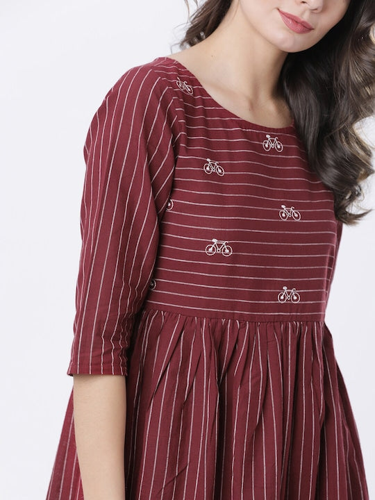 Vishudh Women Maroon & Off-White Striped Fit and Flare Dress