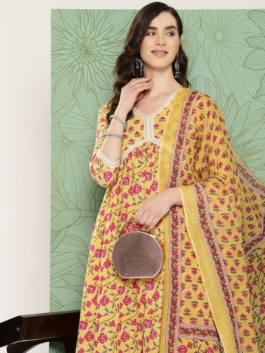 Yufta Women Floral Printed Regular Pure Cotton Kurta with Trousers & With Dupatta