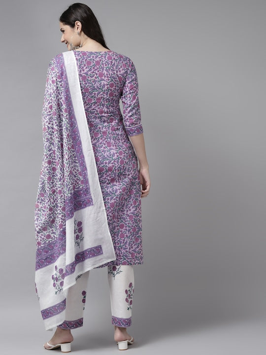 Yufta Women Lavender & White Ethnic Motifs Printed Kurta with Trousers & Dupatta