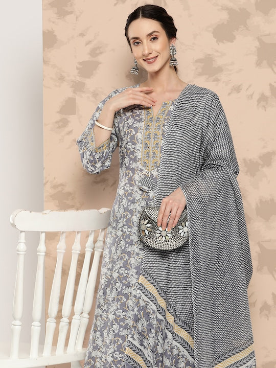 Yufta Women Grey Floral Printed Regular Pure Cotton Kurta with Harem Pants & With Dupatta