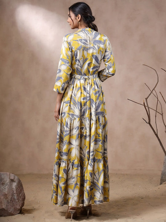 Vishudh Floral Print Keyhole Neck Maxi Dress