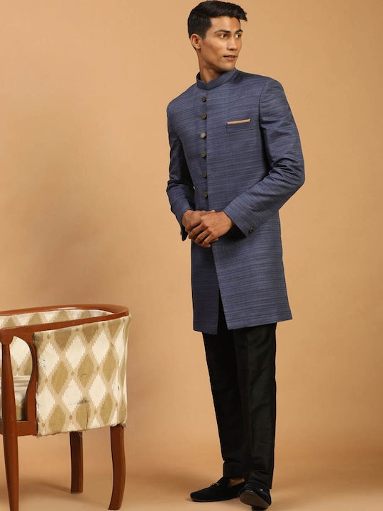 Vastramay Men Blue & Black Textured Sherwani Set