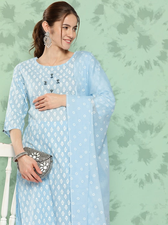 Yufta Ethnic Motifs Embroidered Thread Work Pure Cotton Kurta With Palazzos & With Dupatta