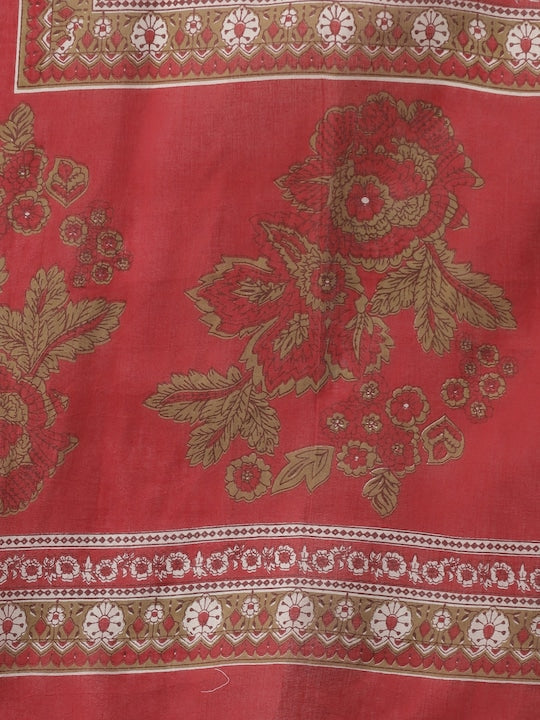 Yufta Women Maroon Floral Printed Regular Thread Work Pure Cotton Kurta with Palazzos & With Dupatta