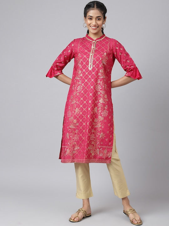Aurelia Women Pink & Gold-Toned Ethnic Motifs Printed Kurta
