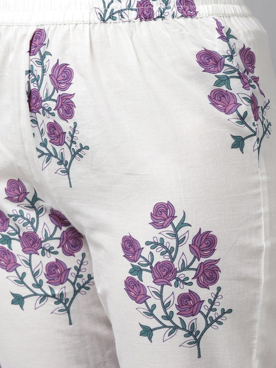 Yufta Women Lavender & White Ethnic Motifs Printed Kurta with Trousers & Dupatta