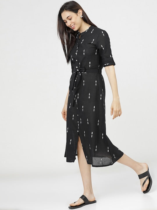 Vishudh Black Floral Ethnic A-Line Midi Dress