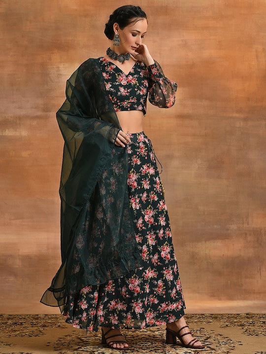 AKS Floral Printed V-Neck Ready to Wear Lehenga & Blouse With Dupatta