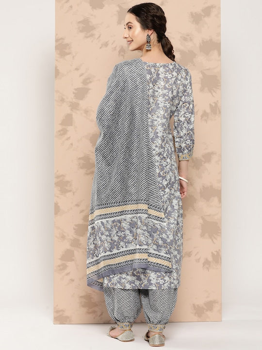 Yufta Women Grey Floral Printed Regular Pure Cotton Kurta with Harem Pants & With Dupatta