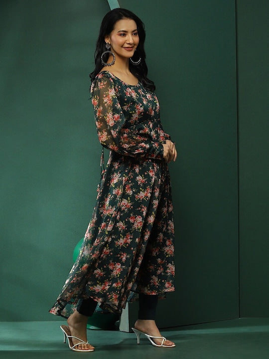 AKS Floral Printed Anarkali Kurta With Trousers & Dupatta