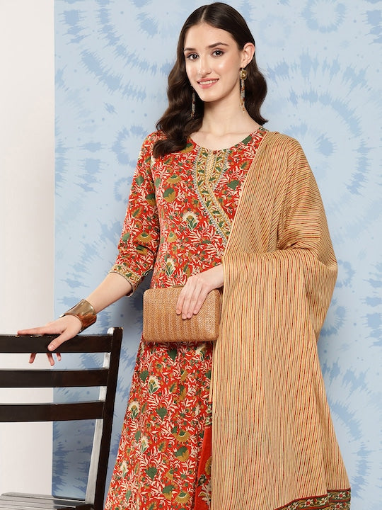 Yufta Women Printed Angrakha Gotta Patti Pure Cotton Kurta with Palazzos & With Dupatta