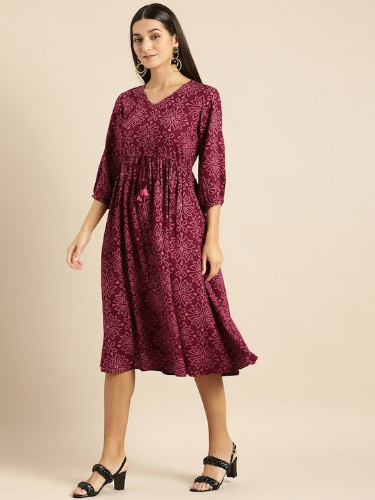 All about you Maroon & Pink Bandhani Printed A-Line Midi Dress