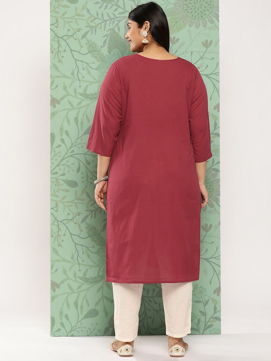 Yufta Plus Size Floral Embroidered Chikankari Pure Cotton Kurta