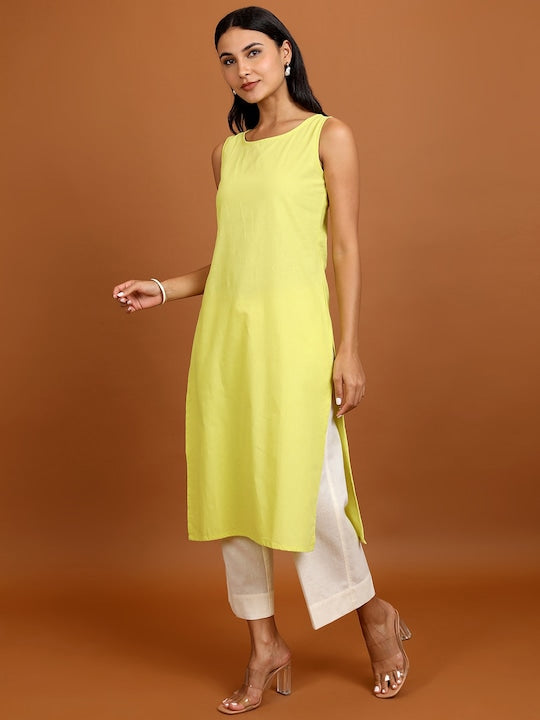 Vishudh Sleeveless Pure Cotton Kurta With Trousers & Printed Jacket
