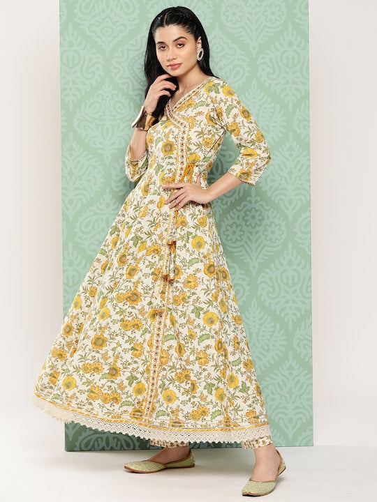 Yufta Women Floral Printed Angrakha Pure Cotton Kurta with Trousers & Dupatta