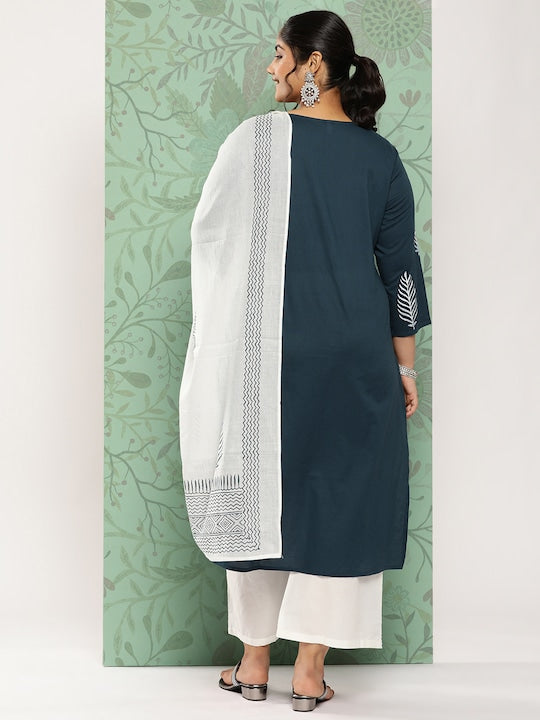 Yufta Plus Size Ethnic Motifs Embroidered Pure Cotton Kurta with Palazzos & With Dupatta