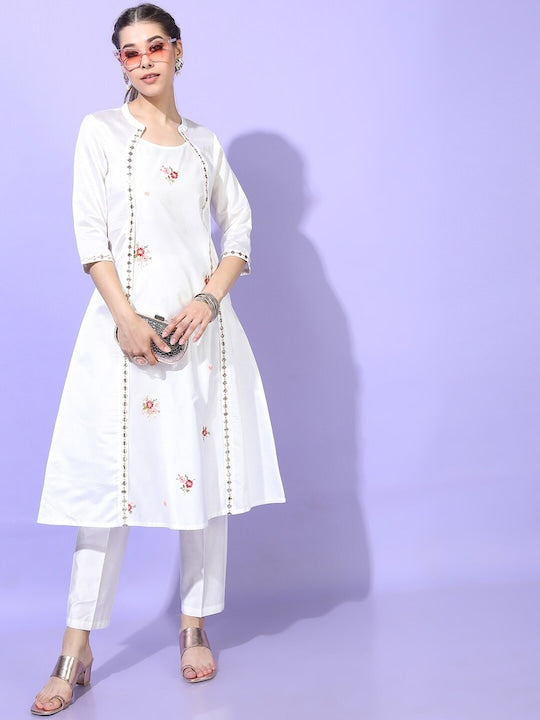 Vishudh Women White Ethnic Motifs Embroidered Panelled Mirror Work Kurta with Trousers
