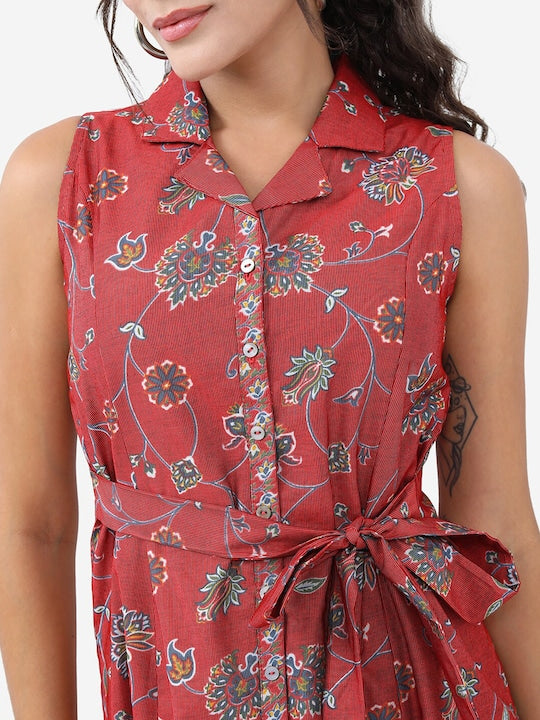 Vishudh Red Floral Printed V-Neck A-Line Dress
