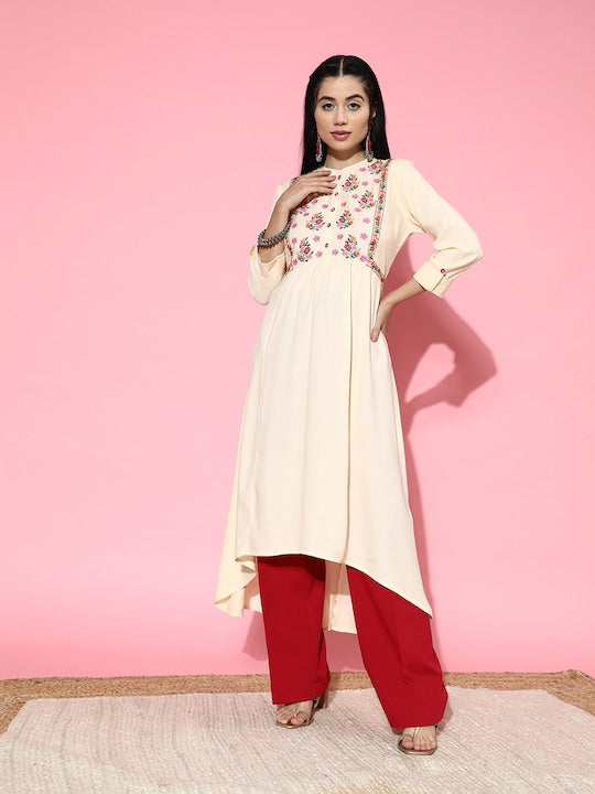 All about you Cream-Coloured & Pink Floral Embroidered Mirror Work Pure Cotton Kurta