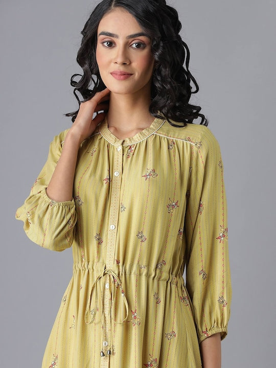 Aurelia Olive Green Ethnic Motifs A-Line Midi Dress