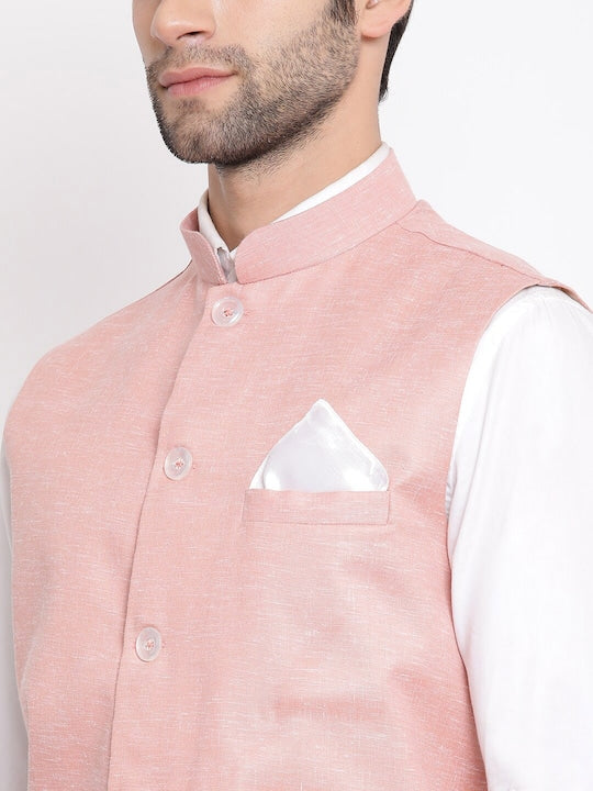 Vastramay Men Peach Coloured Woven Design Nehru Jacket