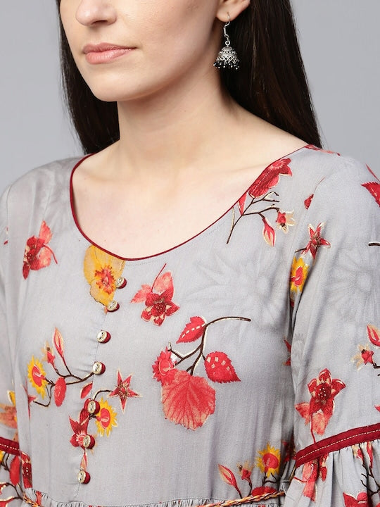 All about you Grey & Red Floral Printed Bell Sleeve Layered Maxi Dress