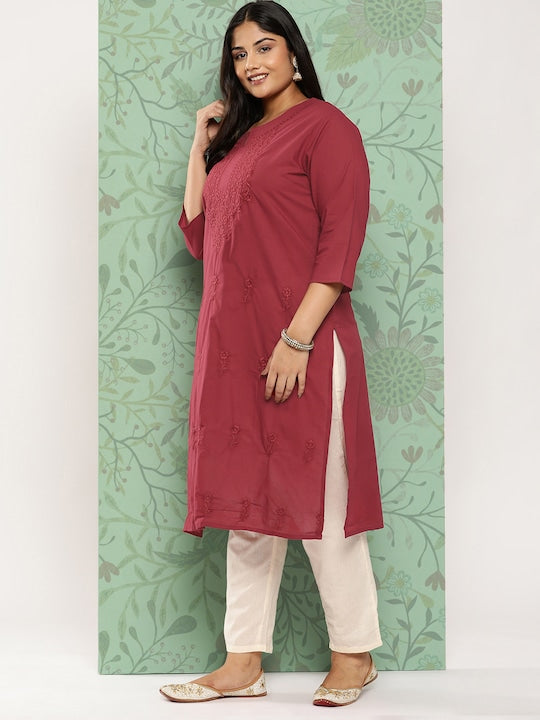 Yufta Plus Size Floral Embroidered Chikankari Pure Cotton Kurta