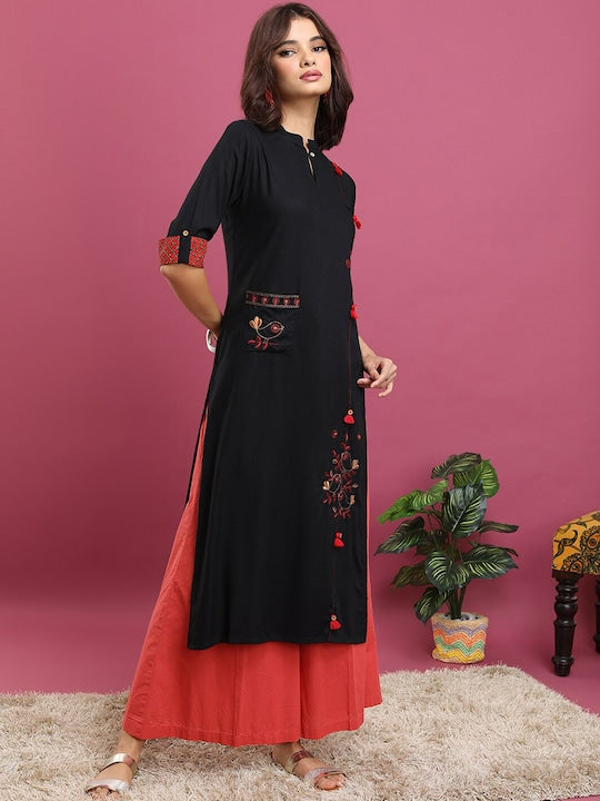 Vishudh Black Ethnic Motifs Embroidered Mandarin Collar Roll-Up Sleeves Straight Kurta