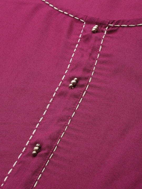 Yufta Women Maroon & Golden Pure Cotton Solid Kurta with Palazzos & Dupatta