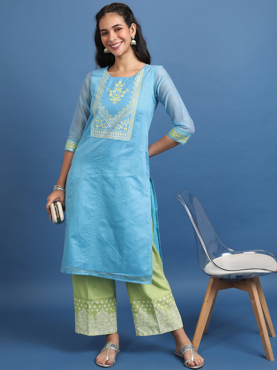 Vishudh Blue Ethnic Motifs Yoke Design Straight Cotton Kurta