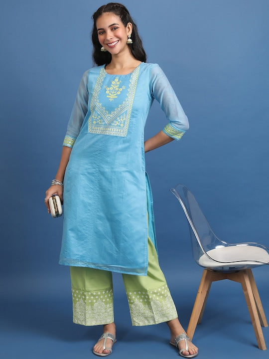 Vishudh Blue Ethnic Motifs Yoke Design Straight Cotton Kurta
