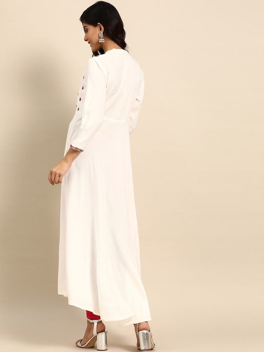All about you White Floral Yoke Designed Mandarin Collar Cotton Anarkali Kurta