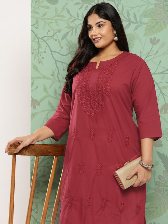Yufta Plus Size Floral Embroidered Chikankari Pure Cotton Kurta