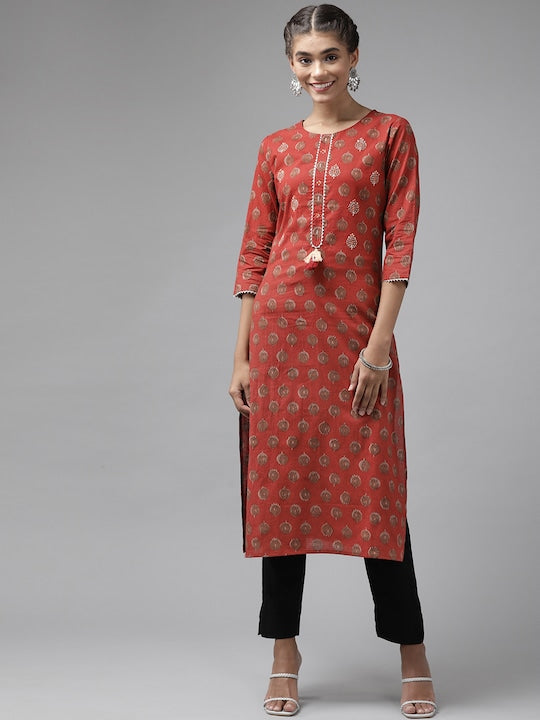 Yufta Women Red Ethnic Motifs Printed Gotta Patti Kurta