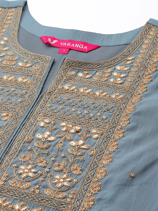 Varanga Women Grey Ethnic Motifs Gotta Patti Kurta with Trousers & With Dupatta