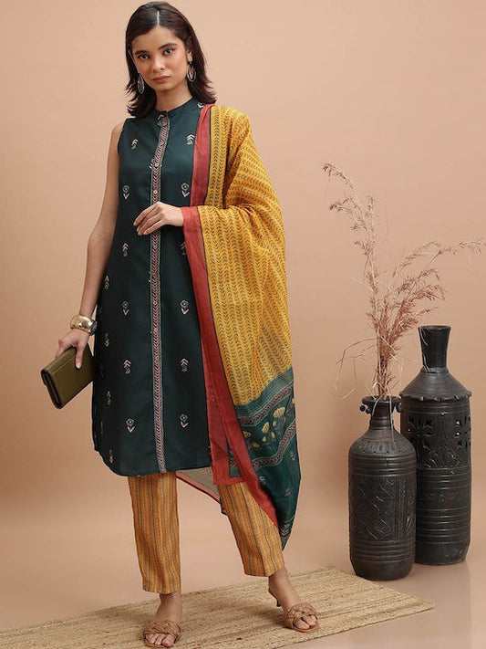 Vishudh Floral Printed Band Collar Regular Kurta with Trousers & With Dupatta