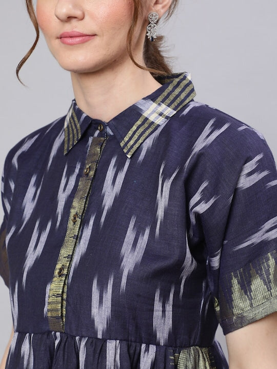 AKS Navy Blue Abstract Printed Shirt Collar Fit & Flare Dress