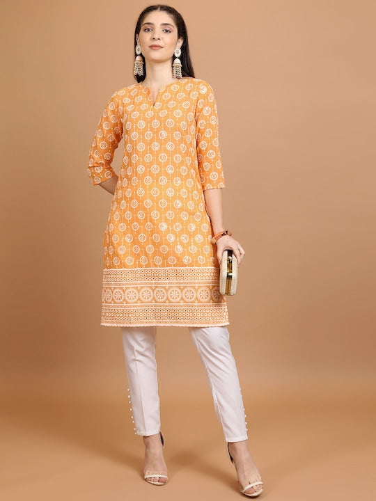 Vishudh Ethnic Motifs Embroidered Three-Quarter Sleeve Straight Thread Work Kurta